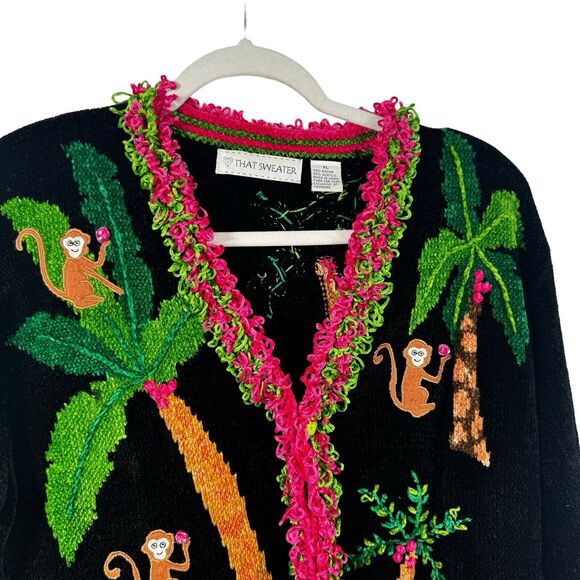 That Sweater Monkey Cardigan Sweater Wearable Art Neon Retro Womens Size XL - Picture 3 of 6